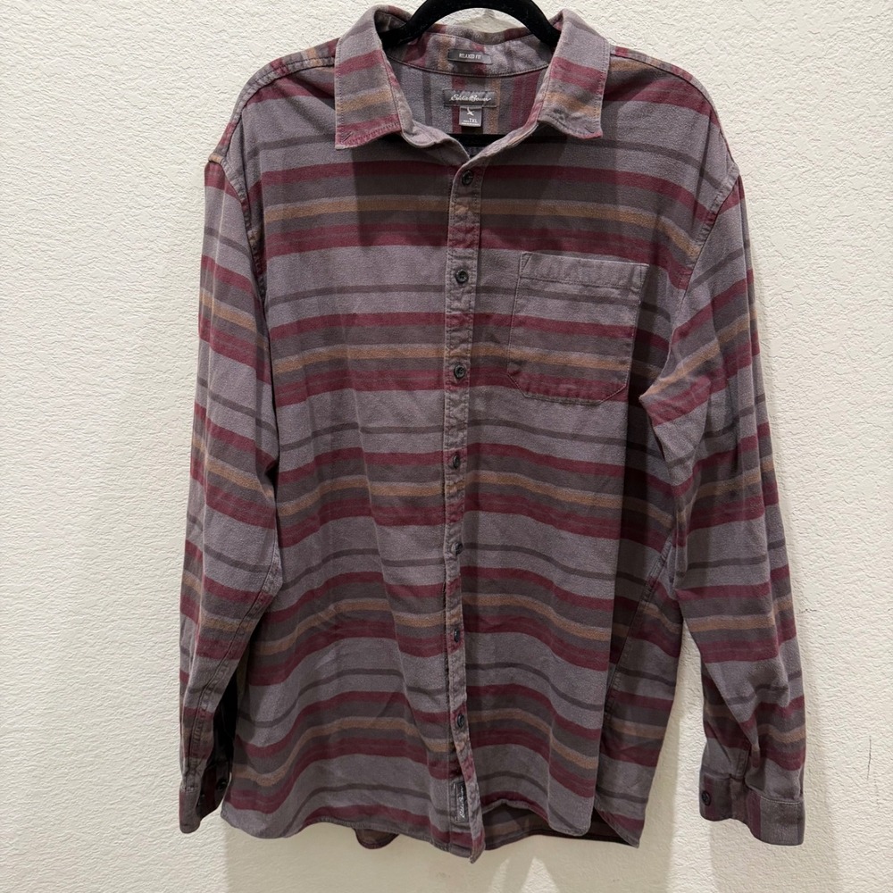 Eddie Bauer Mens XL Relaxed Fit Flannel Shirt Long Sleeve Striped Burgundy Grey